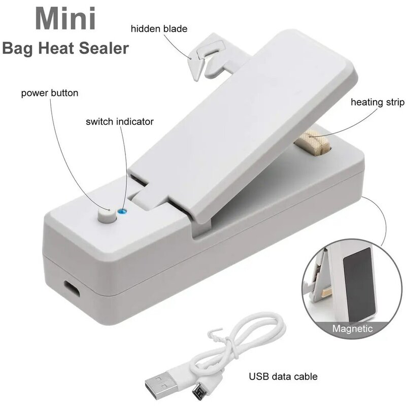 Mesin Segel Pengisi Daya USB Tas Kemasan Plastik Camilan Rumah Tangga Penyimpan Makanan Penutup Panas untuk Paket Tas Plastik Gadget Mini