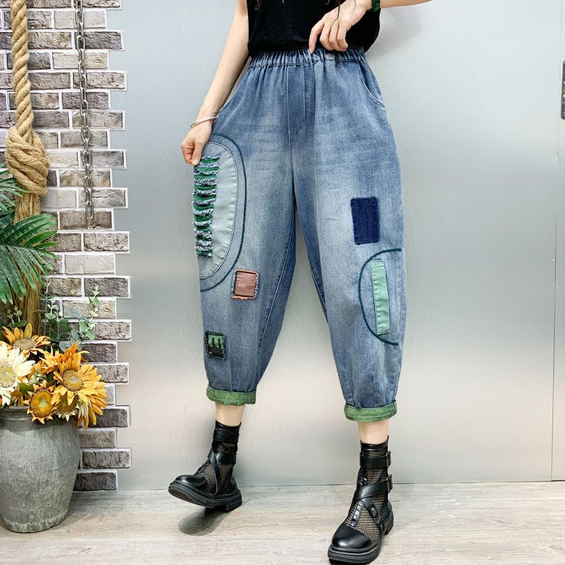 Calça jeans Harlan feminina angustiada, retrô, buraco emendado, elástica, cintura alta, bolsos versáteis, primavera e outono