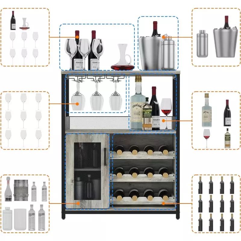 خزانة بار مع رف نبيذ قابل للإزالة ودرج واحد ، خزانة بار مع أرفف زجاجية وأبواب شبكية ، تخزين للكحول والنظارات