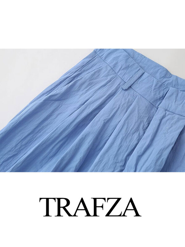 TRAFZA 2024 Spring Trousers For Women Fashion New Hidden Buckle Loose Straight Long Pants Female Chic Women's Wide Leg Pant