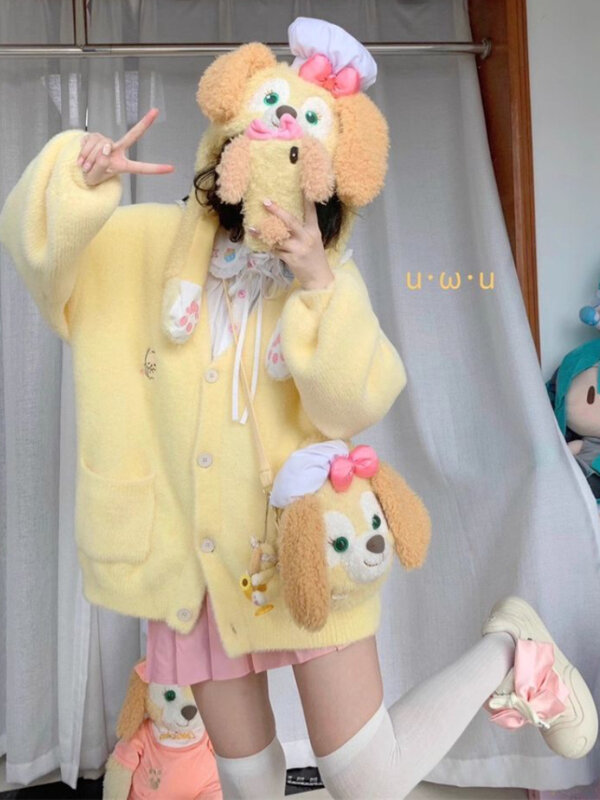 Deeptown Harajuku Yellow Knitted Cardigan Women Kawaii Sweet Cat Embroidery Sweater Y2K Cute Loose Casual College Tops Japanese