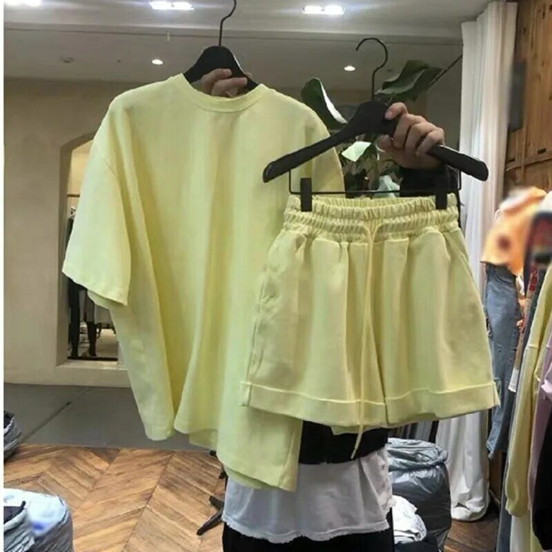 Two Piece Shorts Set Women Short Sleeve Shirt Solid Loose Casual Drawstring Pants Suits Pocket Round Neck Shirts Office Lady