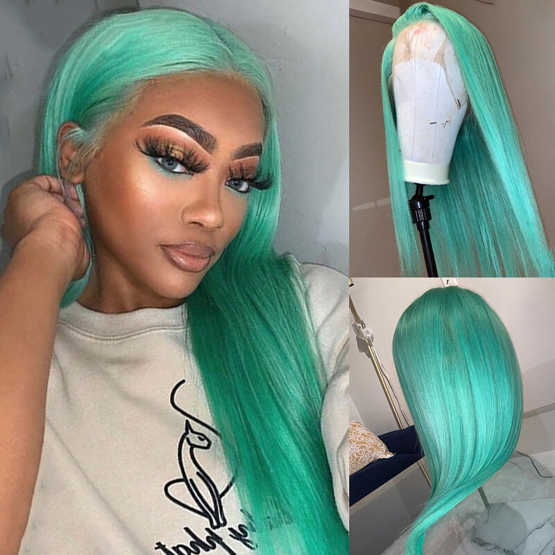 Mint Green Lace Front Wigs For Women 13x4 Straight Brazilian Virgin Human Hair Wigs Preplucked HD Transparent Lace Frontal Wig