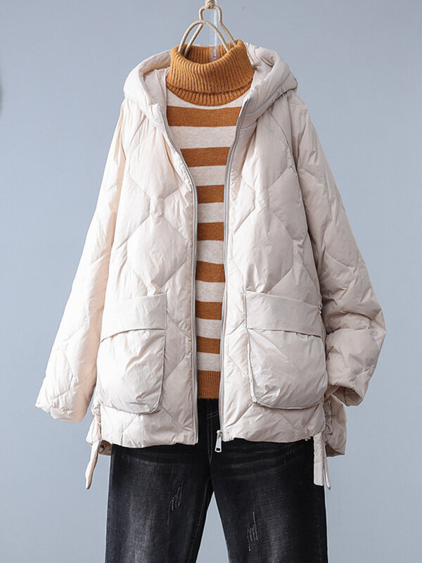Winter Women White Duck Down Coat Casual Loose Solid Light Down Outwear Female Hooded Zipper Puffer Parka Jacket
