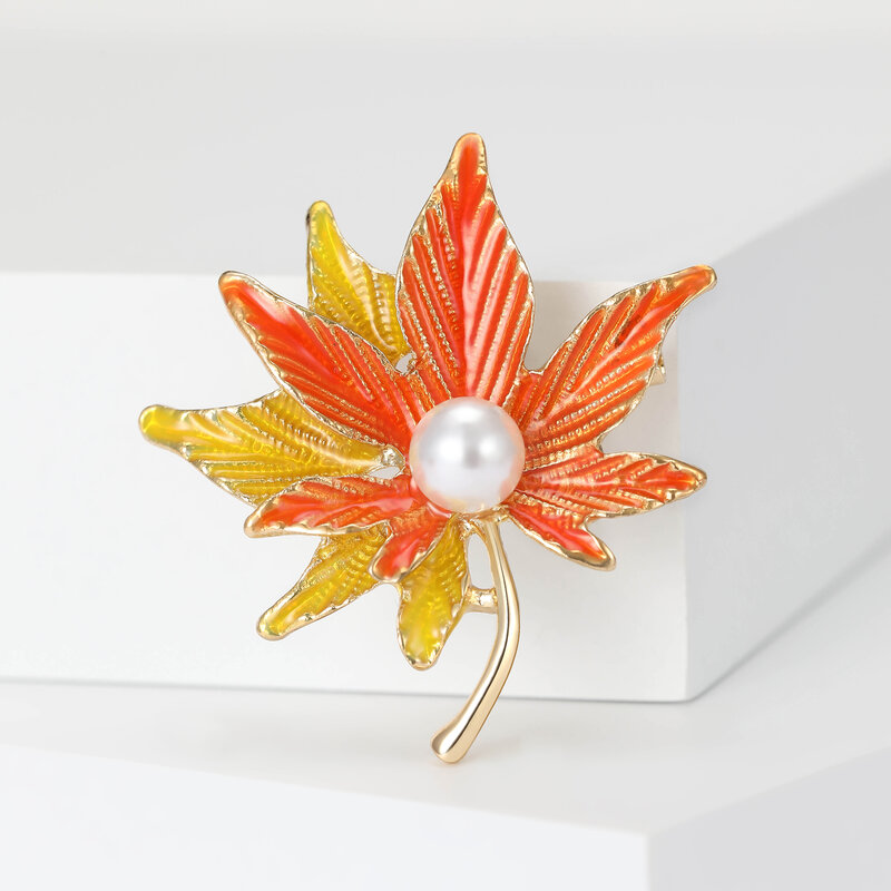 Trendy Enamel Pearl Maple Leaf Brooches for Women Unisex Botanical Pins 3-color Available Casual Party Accessories Gifts