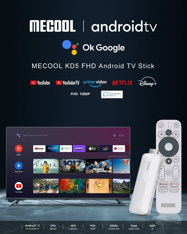 Mecool KD5 안드로이드 11 TV 스틱 HDR10 스마트 TV 박스 1GB 8GB WiFi 2.4G 5G 미니 스트리밍 미디어 플레이어