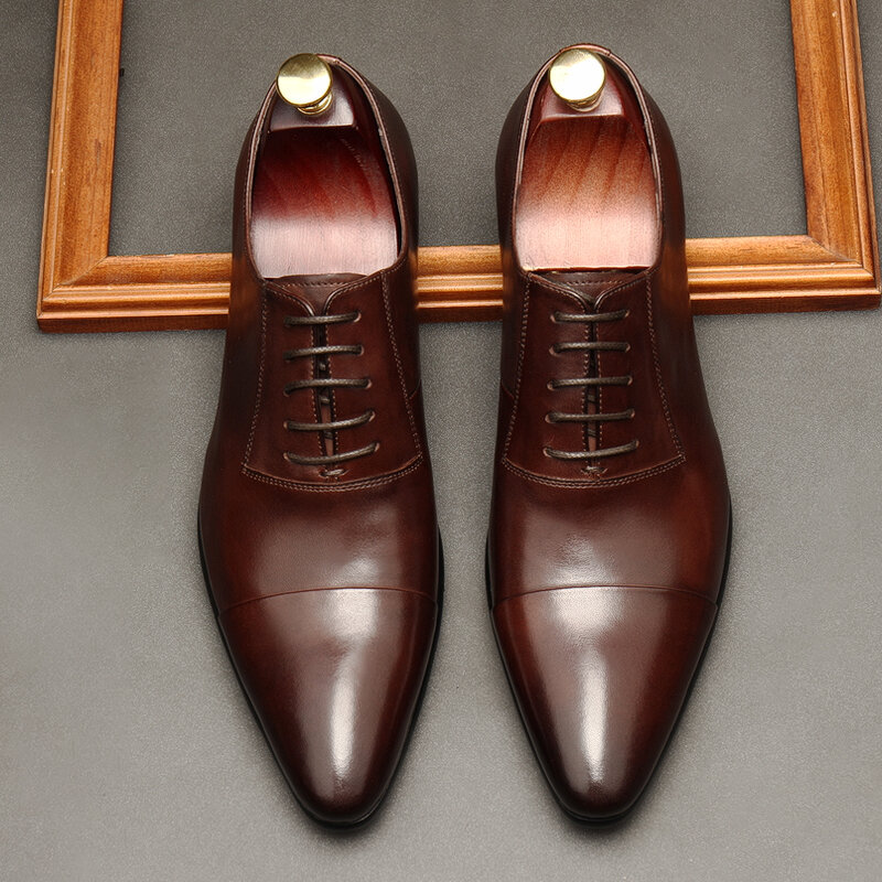 Классические туфли-оксфорды с острым носком для мужчин, свадебные официальные туфли черного, коричневого цвета, деловые Дизайнерские мужские туфли из натуральной кожи