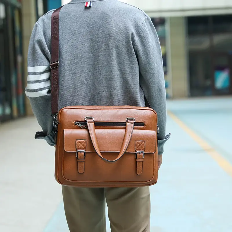 Портфель через плечо из искусственной кожи для мужчин, деловой портфель для ноутбука 14 дюймов, кожаная сумка на плечо для компьютера