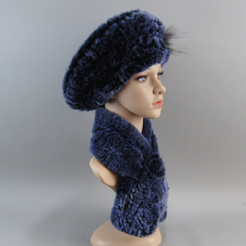 Topi bulu kelinci Rex musim dingin baru syal topi bulu rajut asli 100% mode untuk wanita set syal topi bulu asli hangat wanita