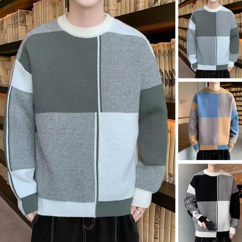 Осенний уютный мужской зимний свитер, плотный теплый вязаный пуловер для осени, идеальный топ с круглым вырезом и длинным рукавом