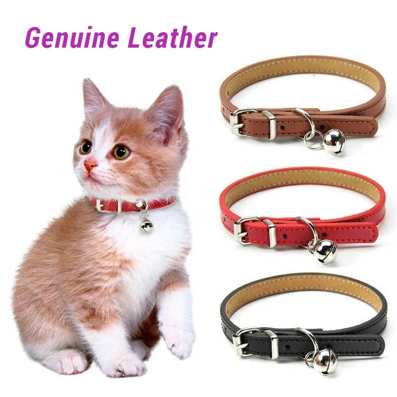 Collar de gato de cuero genuino suave con campana, correa ajustable para el cuello del cachorro, Collar para gatito, accesorios para gatos, suministros para mascotas XS/S