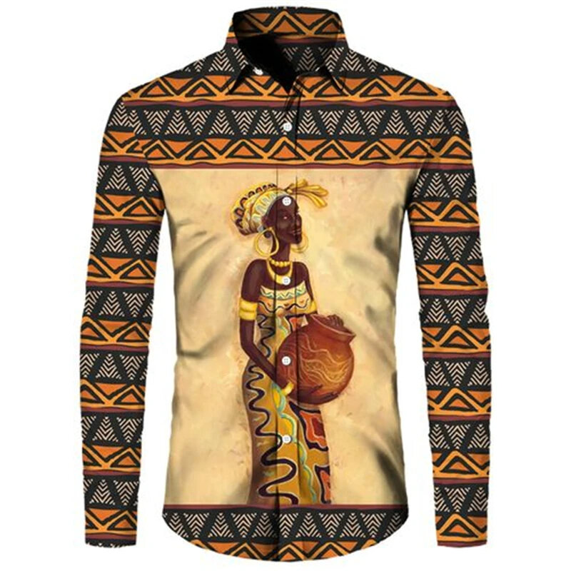 Etnische Stijl Afrikaans Meisje Harajuku 3d Print Lange Mouw Knopen Shirt 2024 Nieuwe Fshion Streetwear Y 2K Tops Dameskleding Blouse