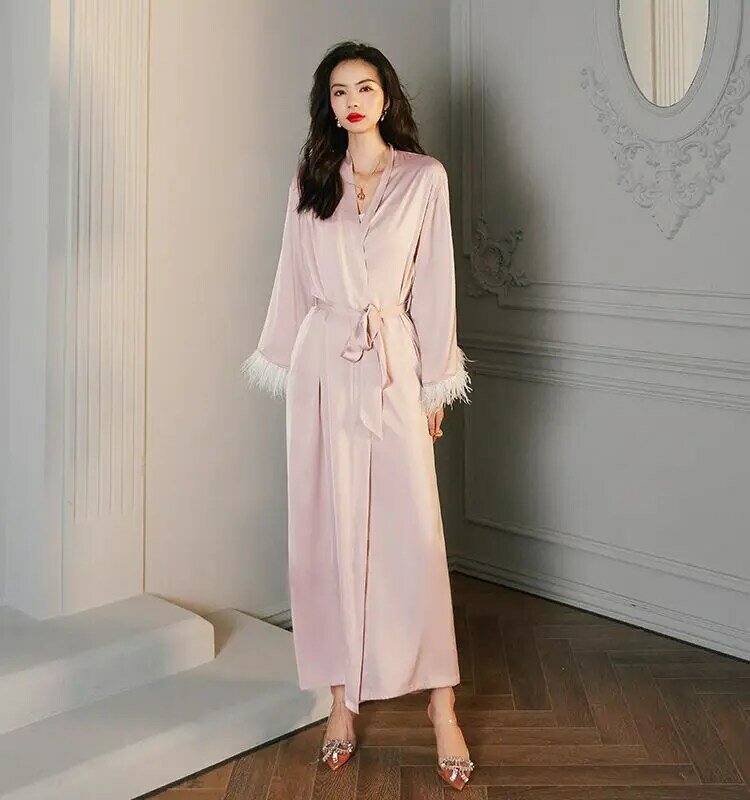 Female Summer Solid Color Silk Pajamas Robe Sexy V-Neck Long Sleeve Satin Feathers Sleeping Robe Home Clothes