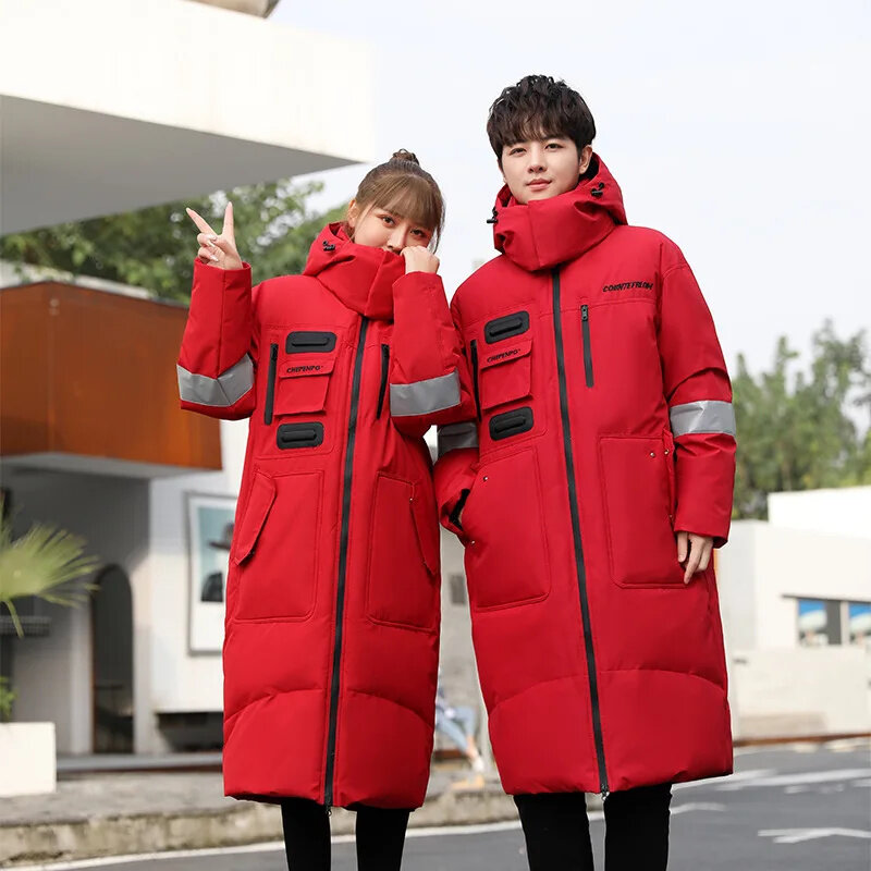 Women's Down Jacket Men Long Knee Length Couple Winter Hooded Thickened Youth Korean Trendy Puffer Ladies Coat
