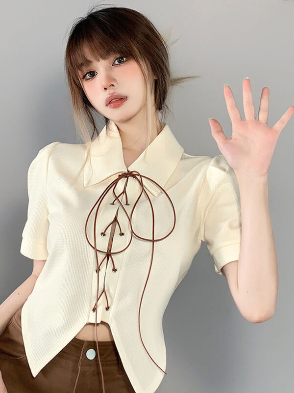 Korean Summer Y2K Style Sexy Woman Shirt Cream Color Vintage Strap Design Puff Sleeves Hot Girl Shirt Chic Goddess Shirt Top