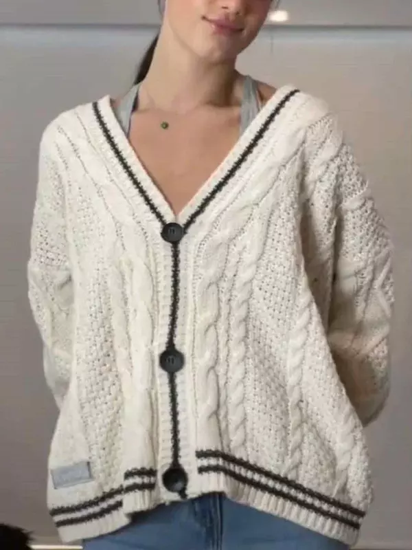 Deeptown-Women's Vintage Swift Knitted Cardigan, Long Sleeve Sweater, Preppy Oversized Top, Long Sleeve Streetwear, Autumn, Y2K