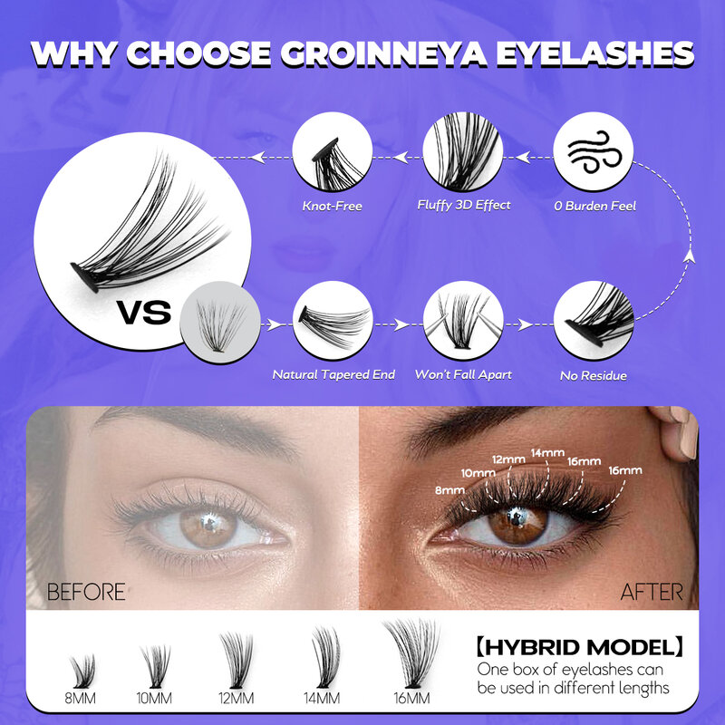Groinneya ขนตาปลอมสำหรับแต่งหน้าคลัสเตอร์ขนตาปลอมมิงค์ตัวต่อขนตาเพิ่มวอลลุ่มอย่างเป็นธรรมชาติ