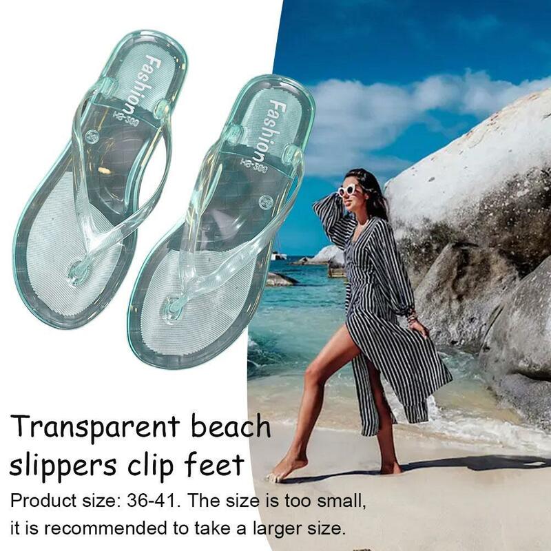 Mode baru klip hak datar potongan jari kaki kristal transparan musim panas sandal jepit sepatu jeli wanita sandal pantai wanita O8R0