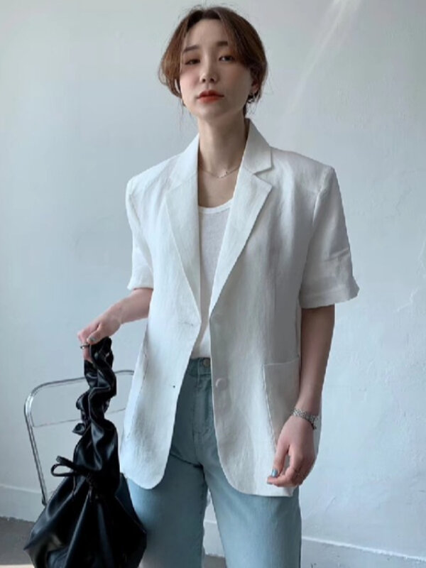Blazer de linho de algodão feminino, casaco de manga curta, top casual solto, blazers monocromáticos femininos, elegante e elegante, 2023