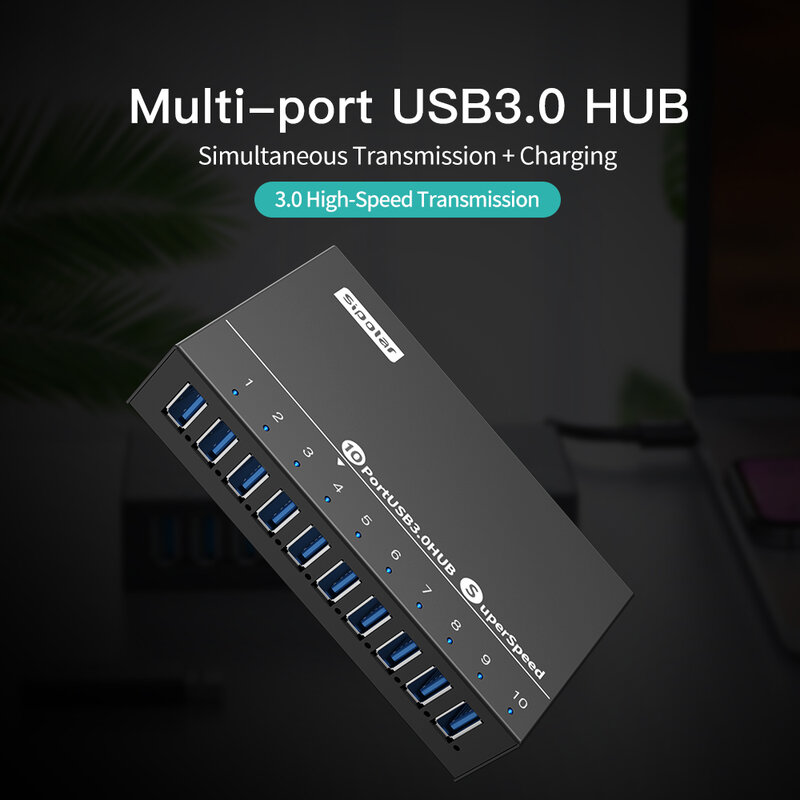 Sipolar – Hub multi-usb 3.0 à 10 ports, transfert de données à grande vitesse, séparateur de chargeur rapide, adaptateur d'alimentation externe 12V5A pour téléphone et tablette
