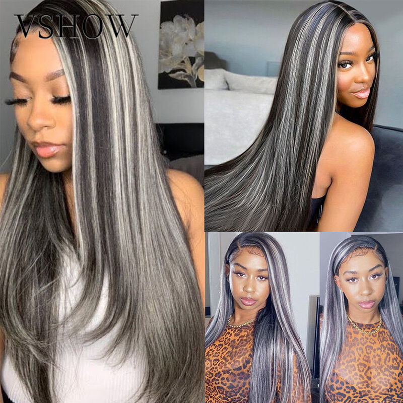 Gray Highlight Blonde Human Hair Wigs For Women Colored Straight Wig 613 Lace Front Wig Ombre Half Black Hair Frontal Lace Wigs
