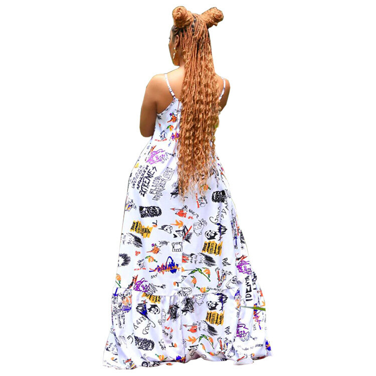 Gaun Cetak Afrika Musim Panas 2023 Gaun Panjang Poliester Leher-v Tanpa Lengan Wanita Afrika Gaun Maxi untuk Wanita
