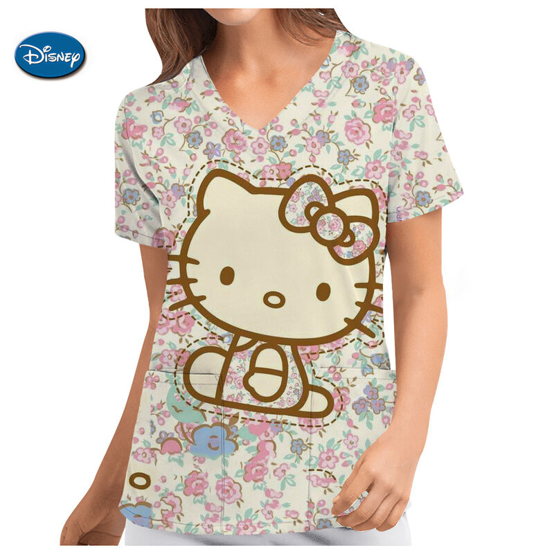 Tunika dla pielęgniarek z krótkim rękawem damskie peelingi medyczne topy z kieszeniami z nadrukiem Hello Kitty odzież robocza strój pielęgniarki kliniki