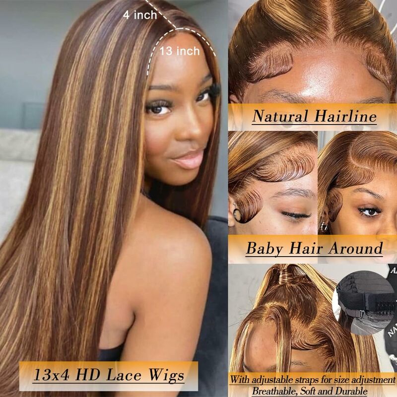 Парик HD 13x6 из человеческих волос, медово-Светлые Коричневые цветные парики на сетке спереди для женщин, предварительно выщипанные прямые волосы на сетке спереди, парик