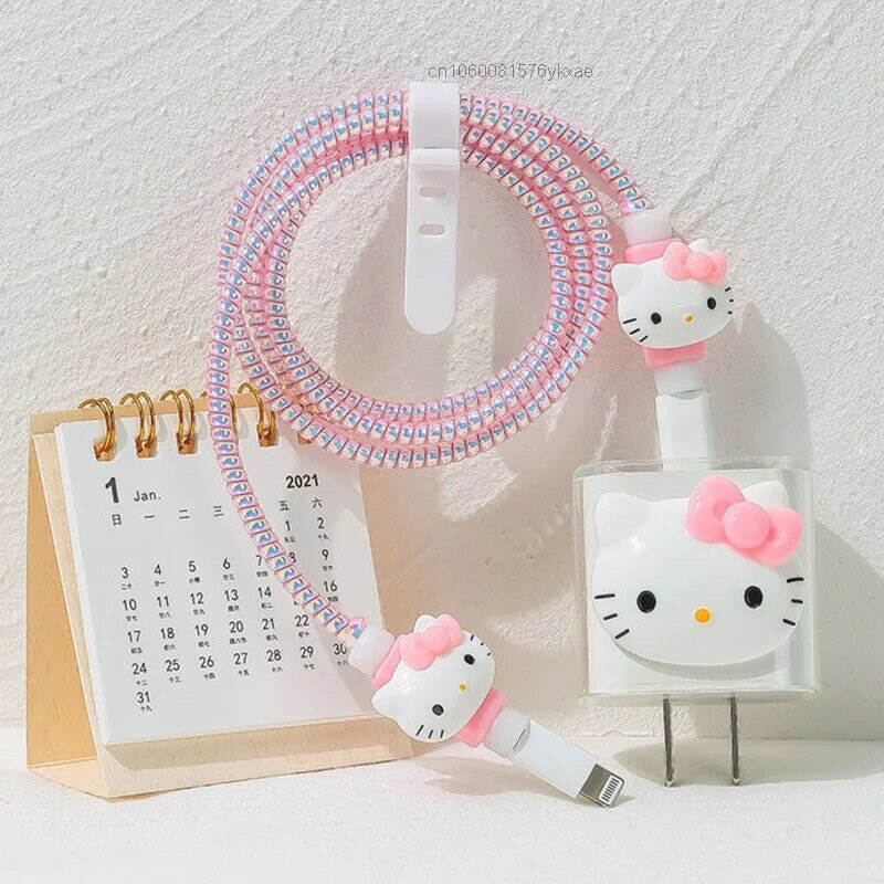 Sanrio Hello Kitty Cable Protectors Set For IPhone 12 Fast Charging 18/20 W Plug Protector USB Data Sprial Cable Line Protection