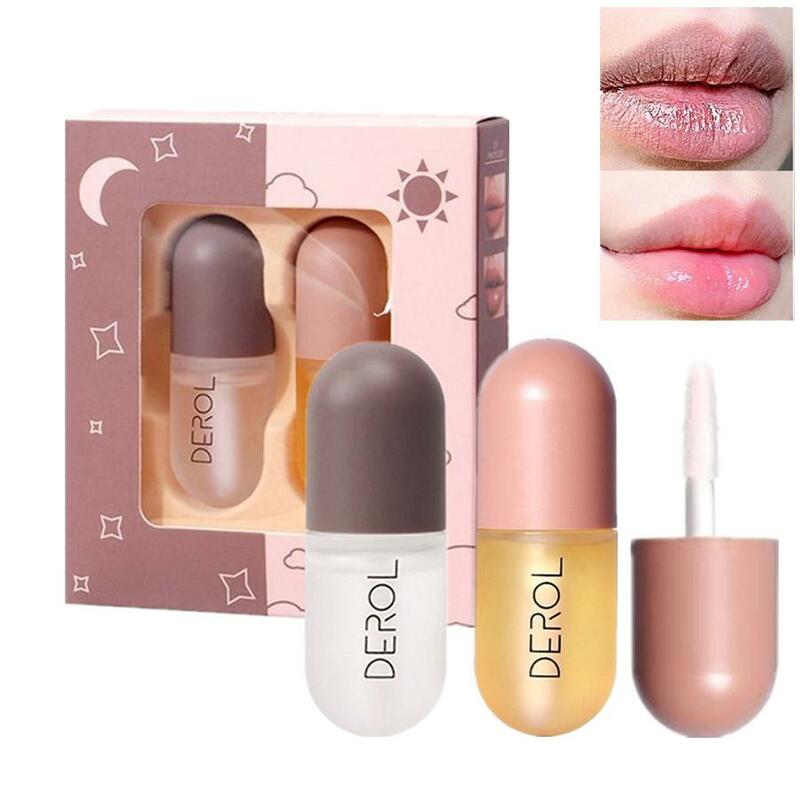 DEROL – Kit pour lèvres pulpeuses, Volume instantané de jour et de nuit, huile réparatrice hydratante, réduit les ridules, sérum cosmétique