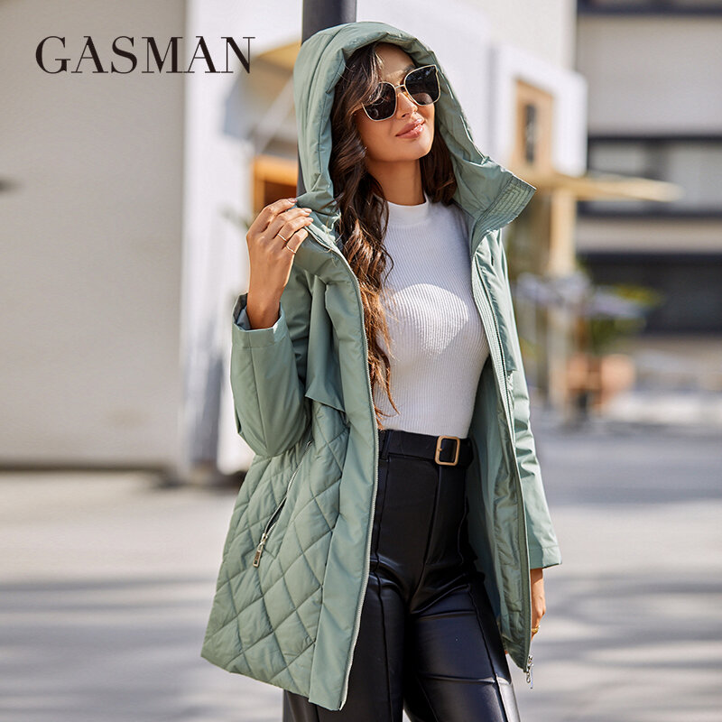 GASMAN nowa damska kurtka wiosna 2022 wysokiej jakości średniej długości kobiet płaszcz szwy z kapturem projekt wiatroszczelna Casual parki 8226
