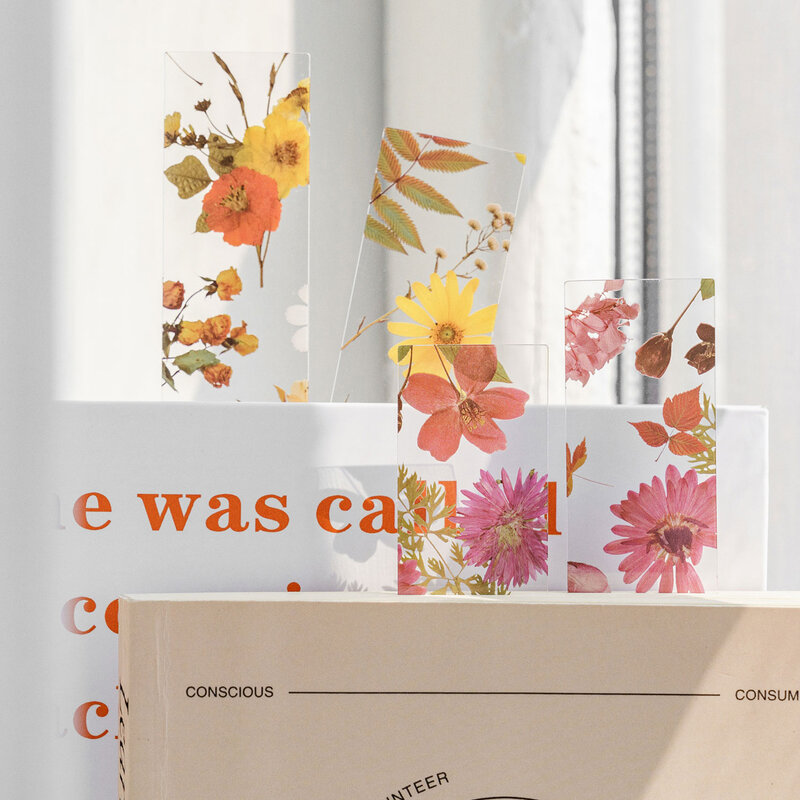Marcapáginas translúcido de PVC para lectura, marcador de Página de Libro Retro, suministros de papelería, Serie de viaje de flores, 4 Estaciones, 5 piezas