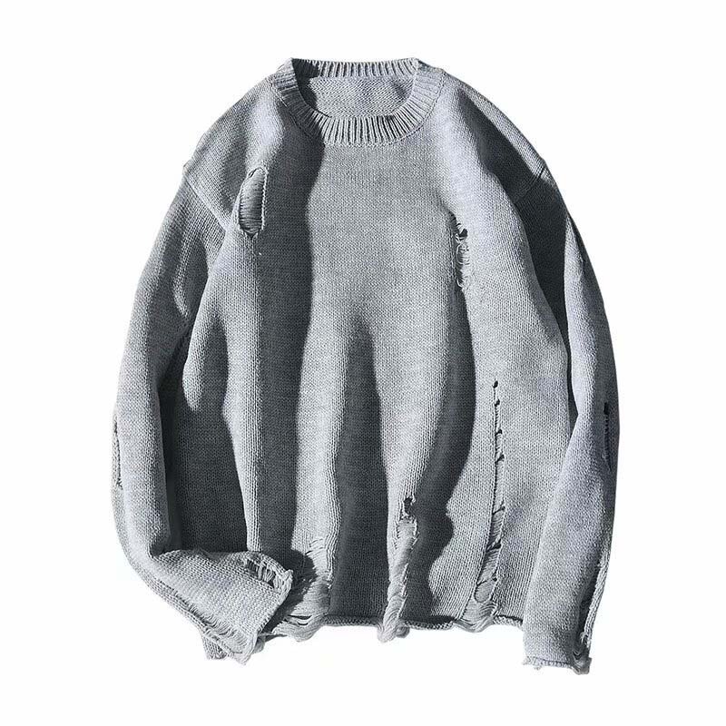 Ropa de calle americana para hombre, suéter de punto con cuello redondo, rasgado, Retro, holgado, con agujeros, E91
