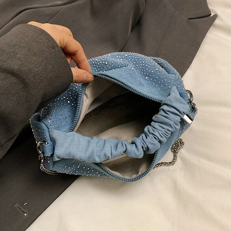 2024 baru lipit tas tangan untuk wanita mode Cloud tas Jeans desainer tas bahu selempang Denim berlian bertatah mewah