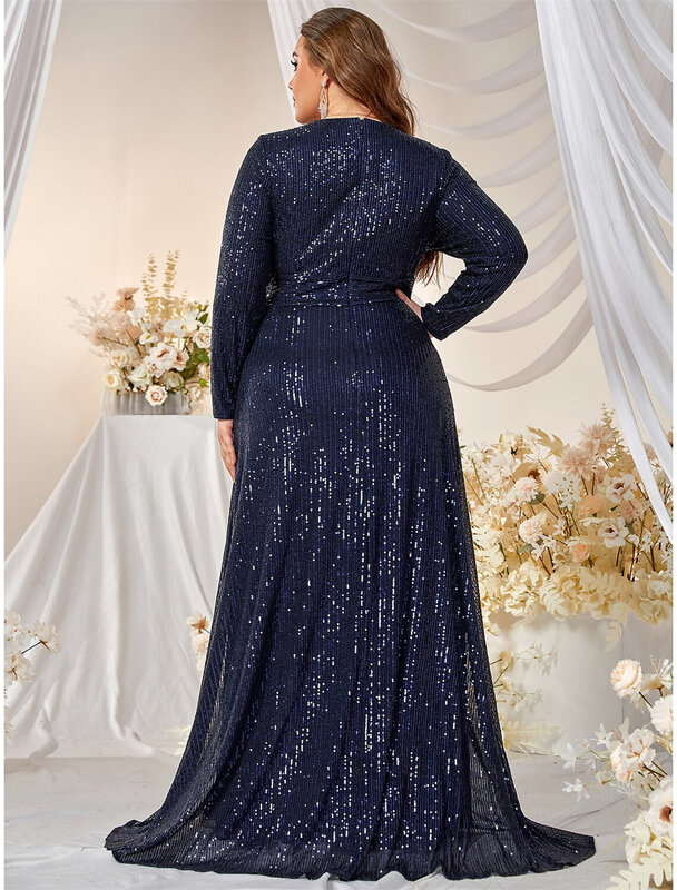 V-Neck Sequin Mother of the Bride Dresses for Wedding Long Sleeve Split Side A-Line Formal Evening Party Sweep Train Prom Gowns