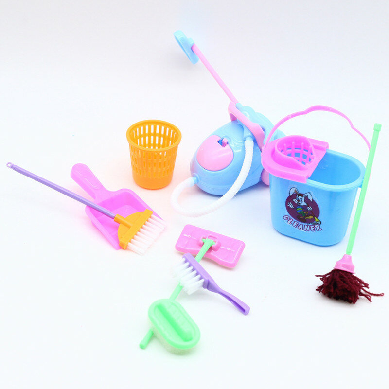 9PCS Miniature Doll House Cleaning Supplies Mini Bucket Mop Brush Broom Housework Cute Tool Set Furniture Accessories Kid BJD