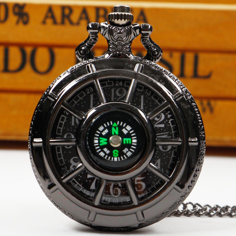 Vintage bússola quartzo relógio de bolso para homens e mulheres, colar preto fresco, presente pingente, CF1382