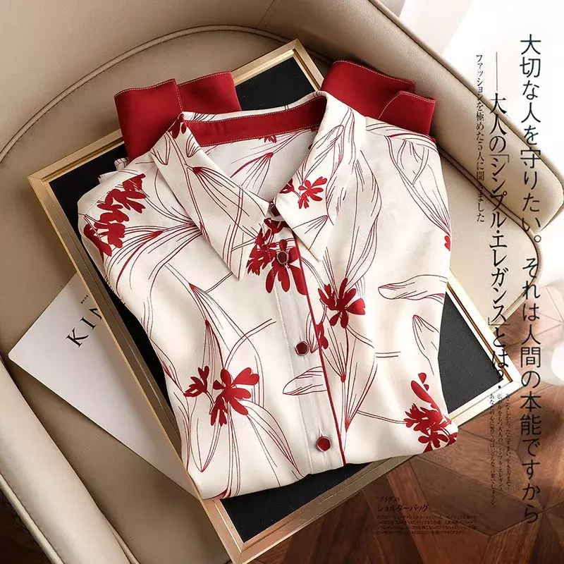 YCMYUNYAN-قميص ساتان نسائي بأكمام طويلة ، طباعة للربيع والصيف ، بلوزات عتيقة ، توب بزهور فضفاض ، ملابس عصرية
