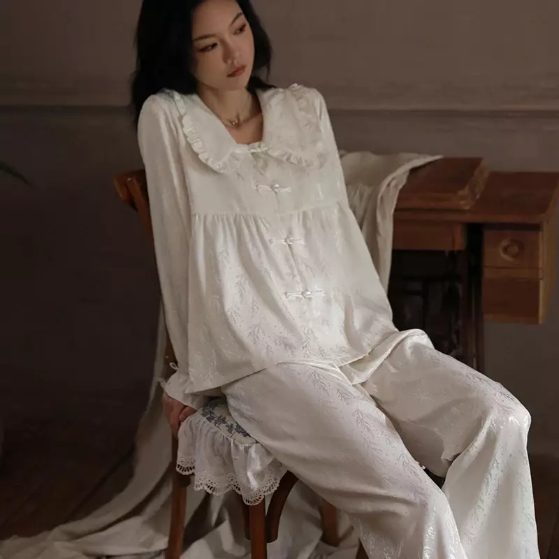 Elegant Jacquard Flower Silk Pajamas for Women Satin Two Pieces Loungewear Casual Ruffle Collar Sleepwear Princess Style Pyjamas