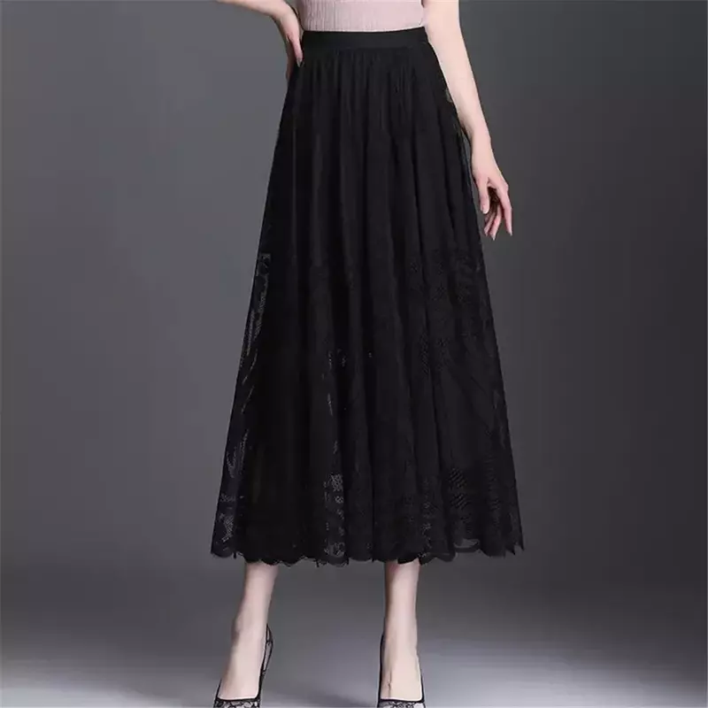 Mesh Floral Skirt For Women 2024 Autumn Winter Lace Flocking Fashion Big Swing Elastic High Waisted Elegant Mujer Party A-Line