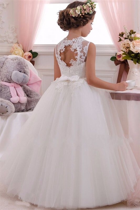 Aplikacje bez rękawów koronkowa dziewczęca sukienka w kwiaty suknia balowa tiulowa artystyczna korowód księżniczki suknie klejnot pasek suknia na przyjęcie urodzinowe