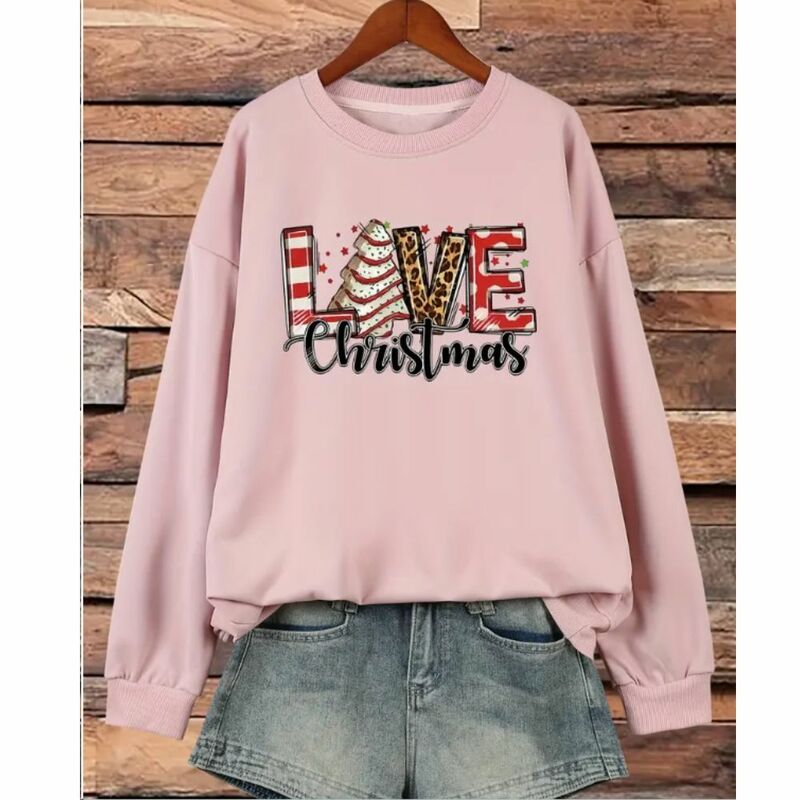 Plus Size Christmas Casual Pullover Sweatshirt Women's Plus LOVE Letter Print T-shirt Tops Long Sleeve Round Neck Sweatshirts