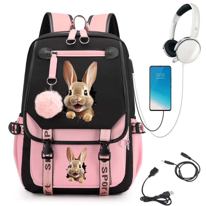 Bunny Print School Backpack Cartoon School Bag for Student Teens Usb Bookbag Laptop Mochila Teenage Backpack Kawaii Bagpack