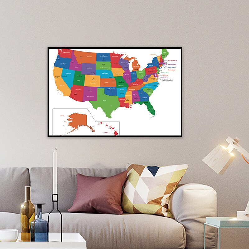 خريطة الولايات المتحدة 84*59 سنتيمتر جدار الملصقات الزخرفية غير المنسوجة قماش اللوحة غير المؤطرة يطبع ديكور المنزل اللوازم المدرسية