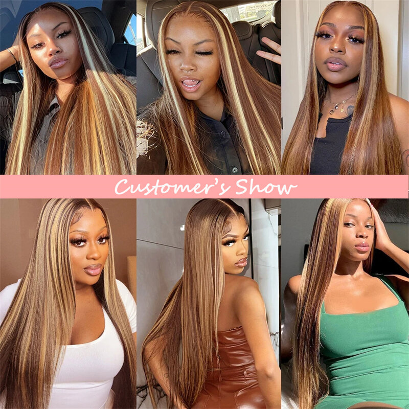 38 Inch Bone Straight Highlight Lace Front Human Hair 4/27 Colored 13x4 Lace Frontal Wigs 4x4 Lace Closure Wigs For Women