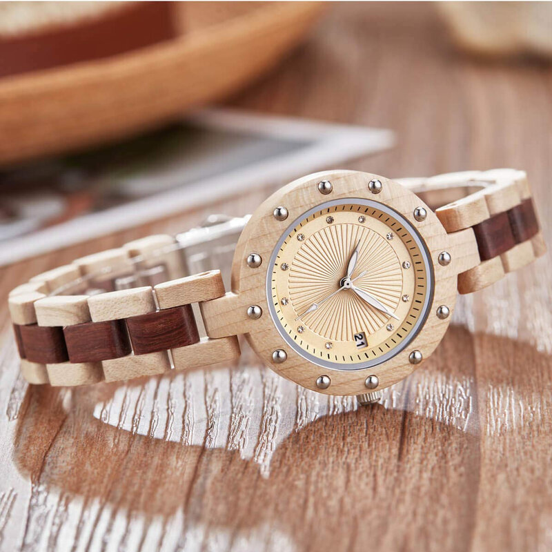 FANDAO-Reloj de pulsera de madera para mujer, relojes de cuarzo, de palisandro, nogal, Rosa