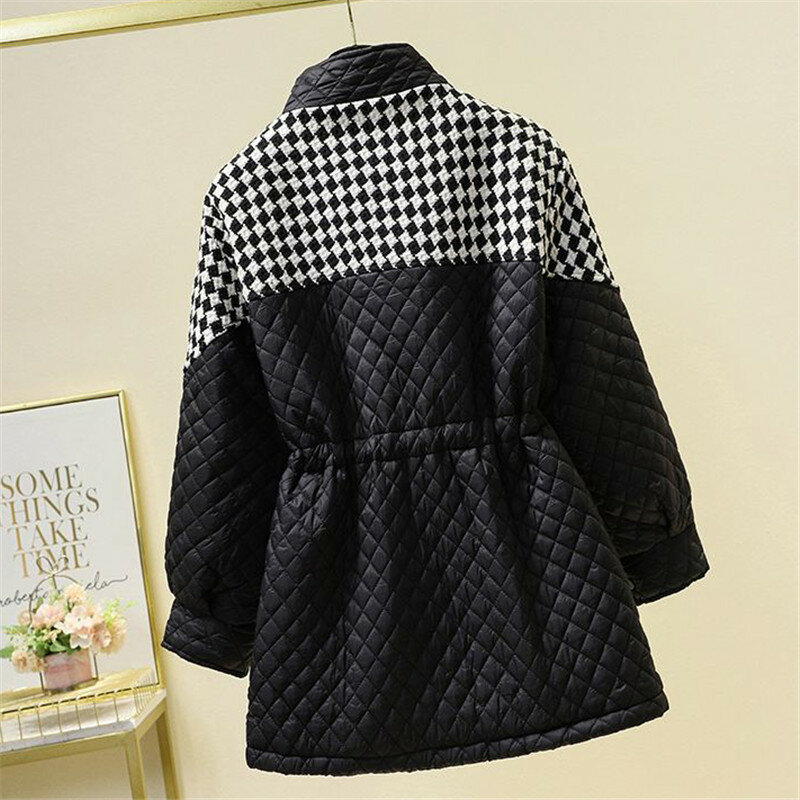 Winter Mid-Long Down Cotton Jacket Women 2023 New Loose Stand-Up Collar Coat Houndstooth Outerwear Fashion Overcoat  Female