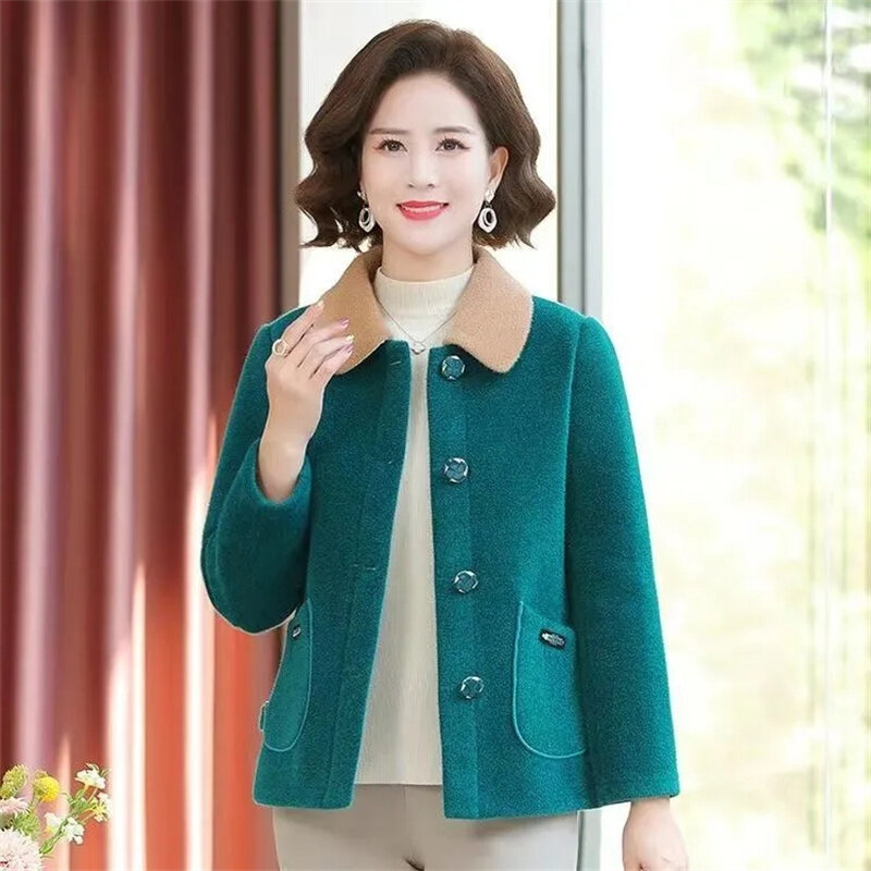 Mom's Mink Fleece Coat Women's Short 2024 New Fashionable Middle-Elderly Female Autumn and Winter Wear with Thin Fur Jacket Gree