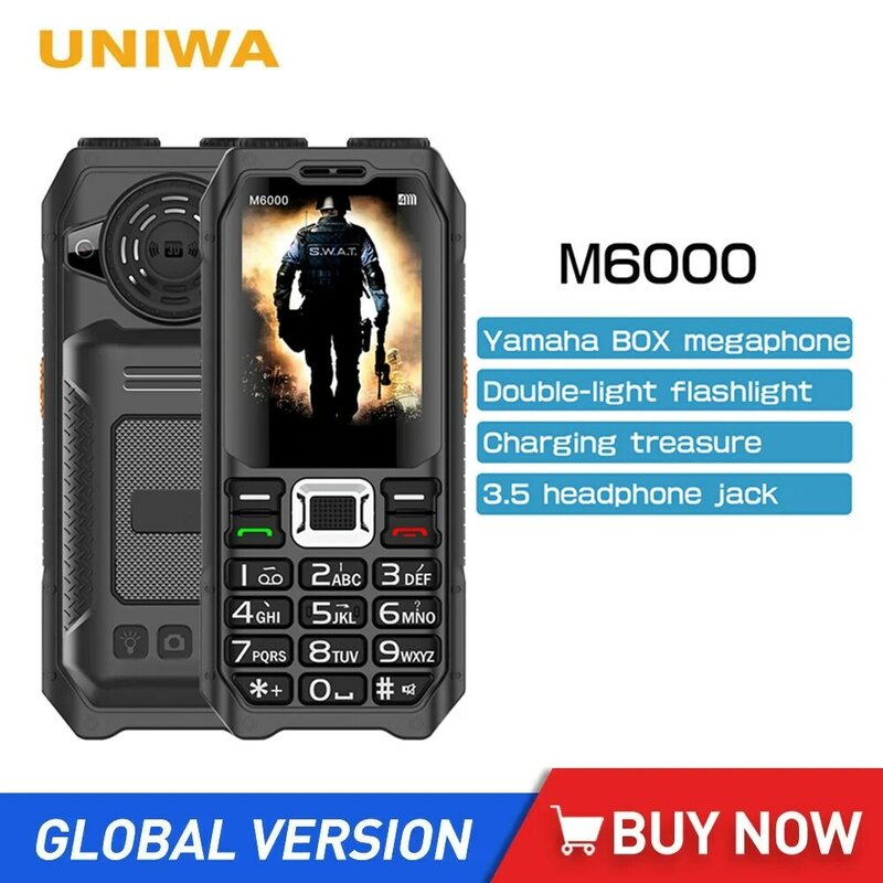 Uniwa-M6000 Power Bank 2G Feature Phone, 2,3 pulgadas, Radio FM, MP3, soplete de grabación de voz, teléfono móvil barato, teclas en inglés, botón para teléfono móvil