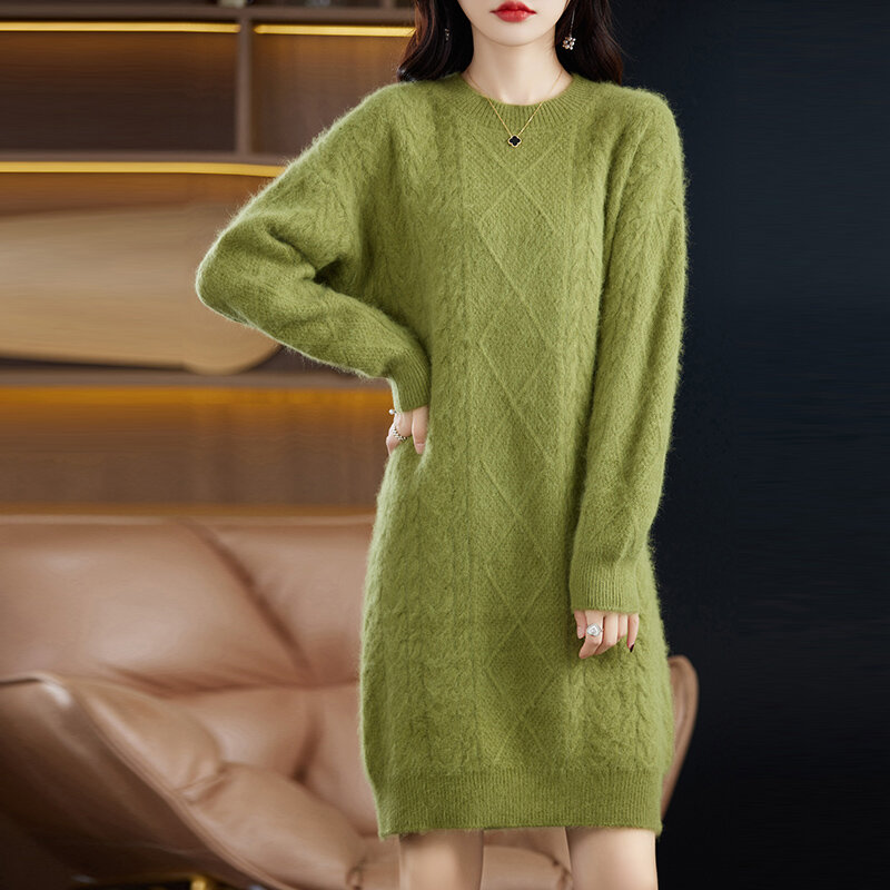 Autumn and Winter New Mink Cashmere Knit Sweater Dress Round Neck Pullover Medium Long Solid Color Base Shirt Coat Skirt Woman